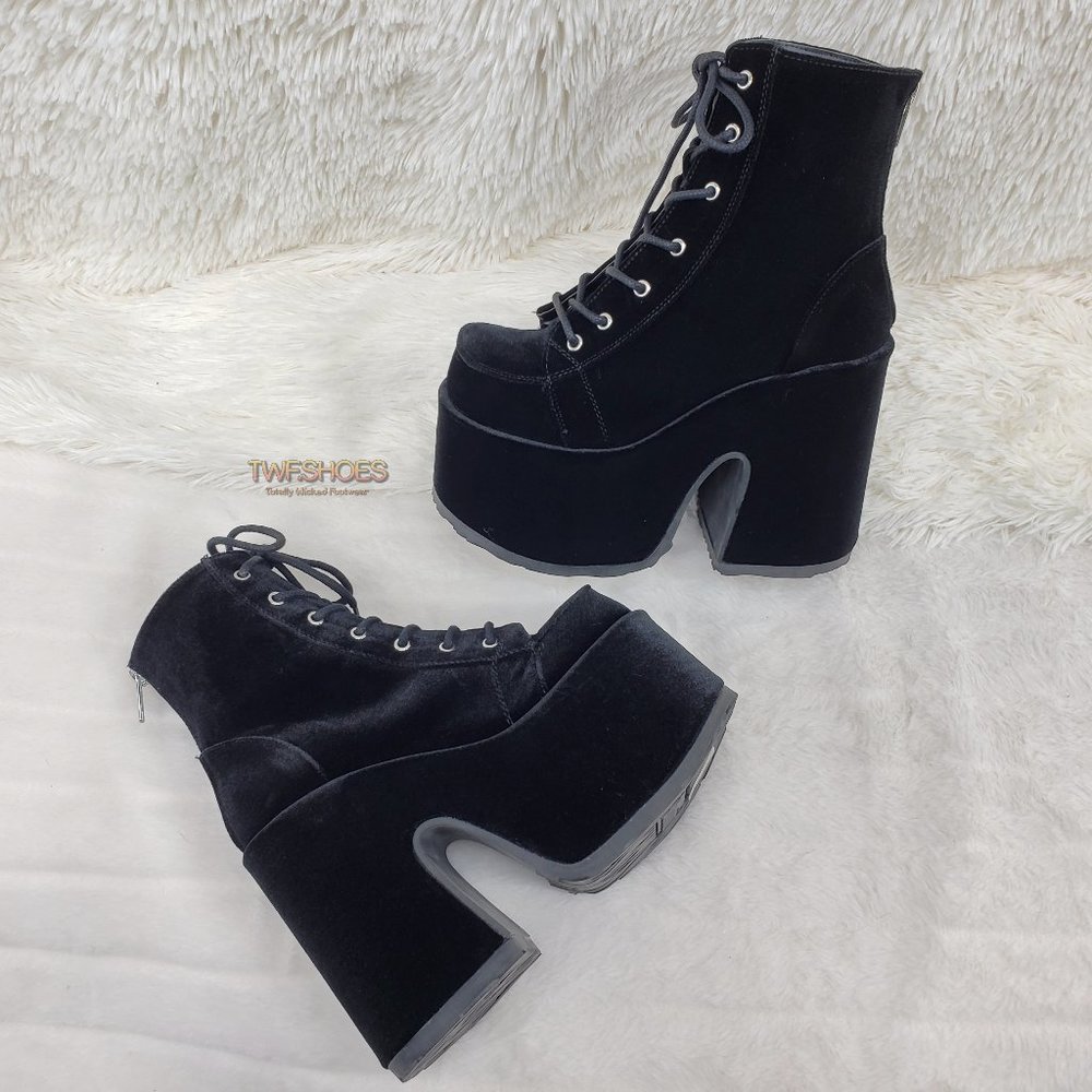 Black Velvet Platform Goth Punk Ankle Boots - Picture 2 of 15